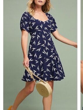 Maeve By Anthropologie Fern Ruched Sweetheart Navy Leaf Mini Dress Size 2